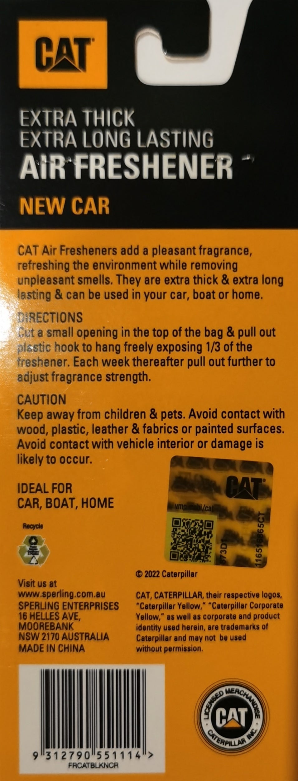 CAT (Caterpillar) Car Air Freshener – New Car Scent, Hanging Paper Card, 1 Pack AU Stock