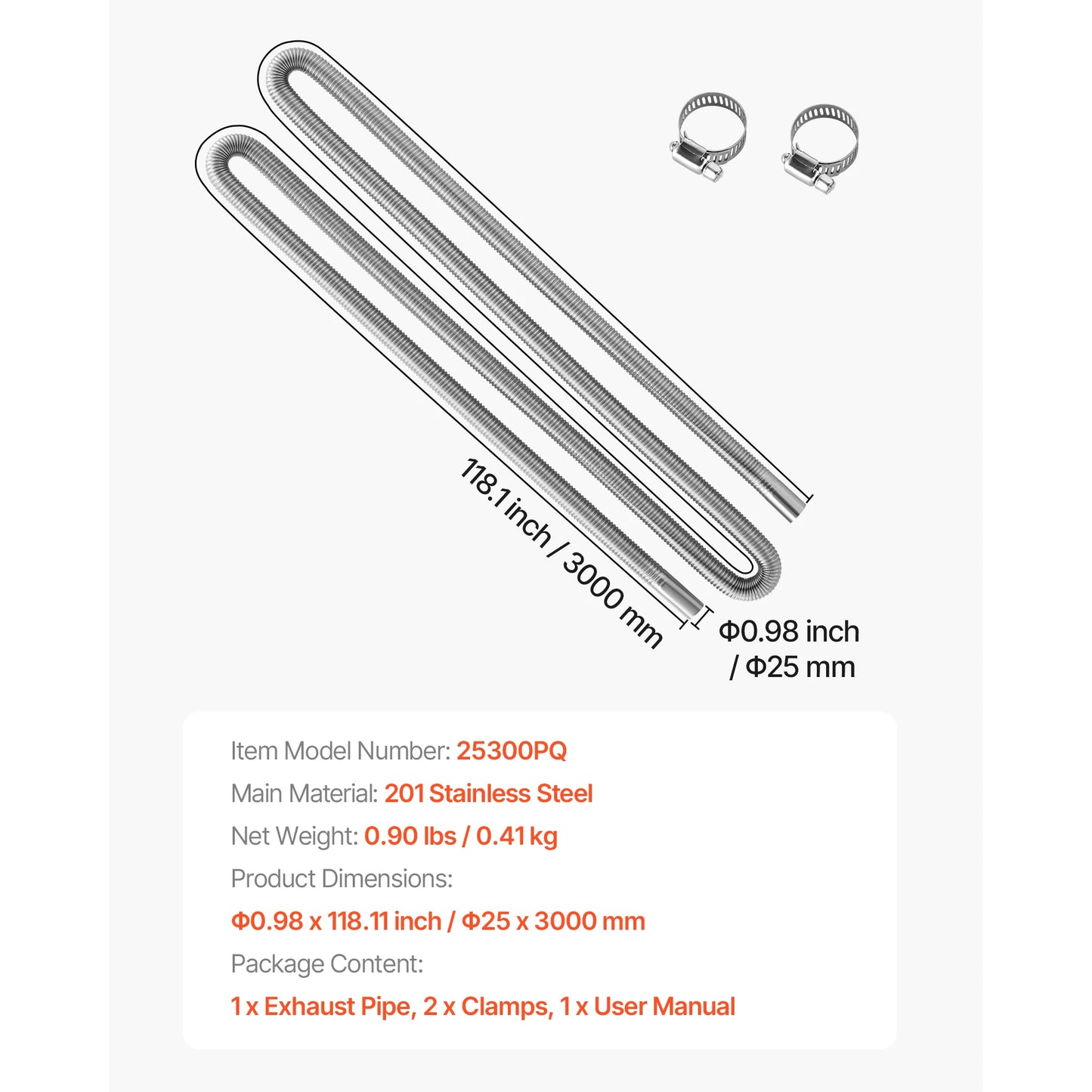 SucceBuy Exhaust Hose 23.6" Diesel Heater Flexible Stainless Steel with 2 Hose Clamps Air Diesel Parking Heater for 2KW 5KW 8KW