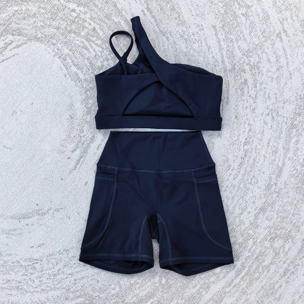 Women's 2 PCS Sports Yoga Set Sexy Sport Bra High Waist Sports Pocket Shorts Gym Fitness Sleeveless Workout Suit Sporstwear