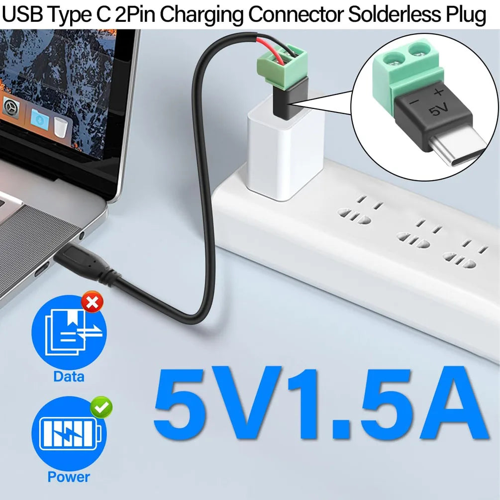 5PCS TypeC to 2 Pin Adapter No Solder Quick Connect Green Terminal for Charging Cable Phone Power Bank DIY Electronics Connector