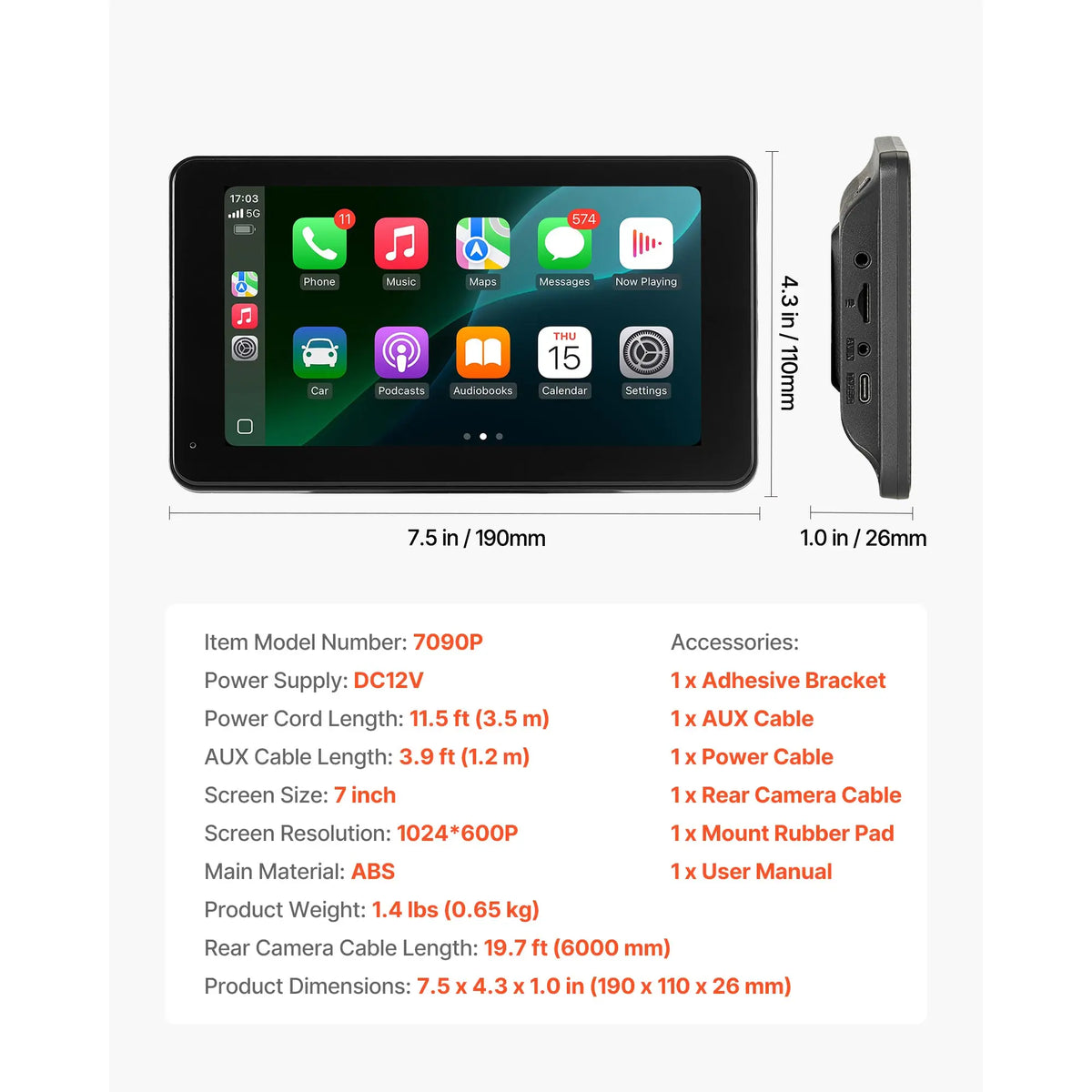 SucceBuy Wireless Car Stereo 10In HD Portable Radio Touch CarPlay Screen with Voice Control Mirror Link Bluetooth GPS Navigation