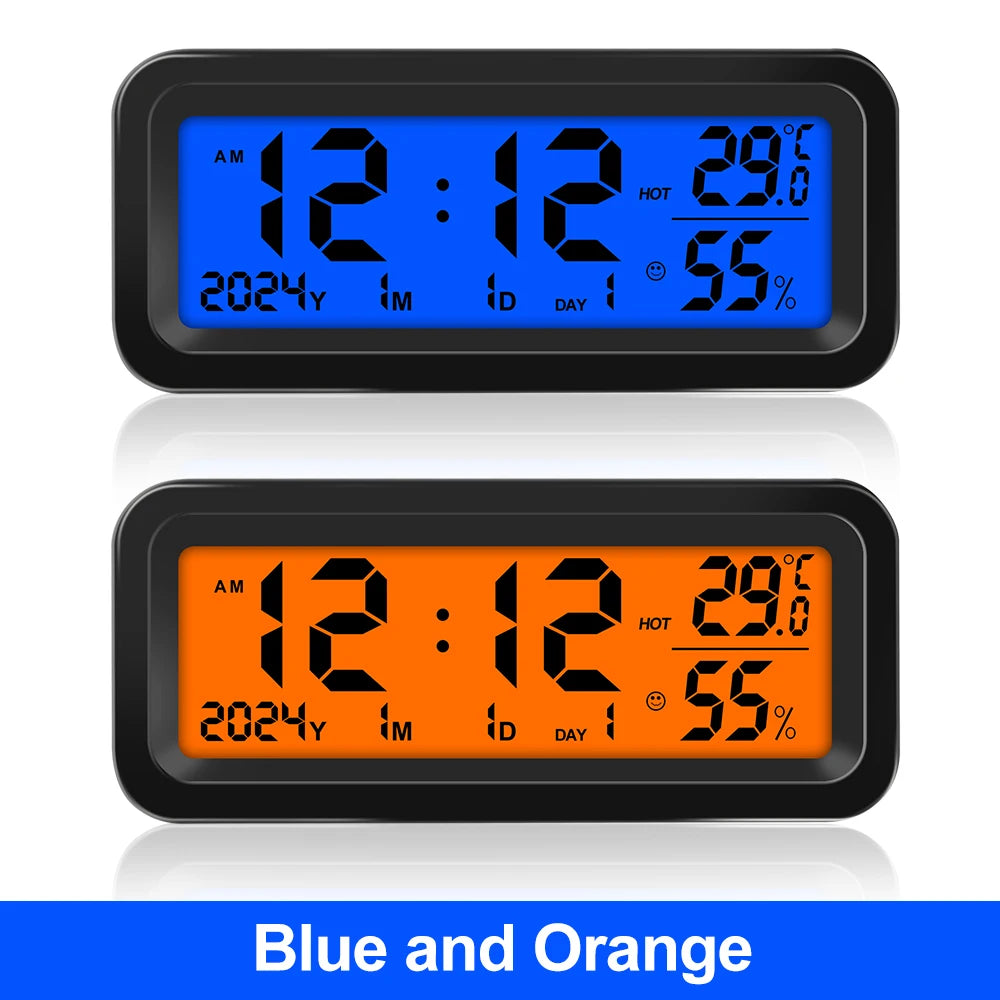 Digital Car Clock Solar/USB Powered with Date Week Temperature Humidity LCD Backlit Display Dashboard Automobile Stick-On Clock