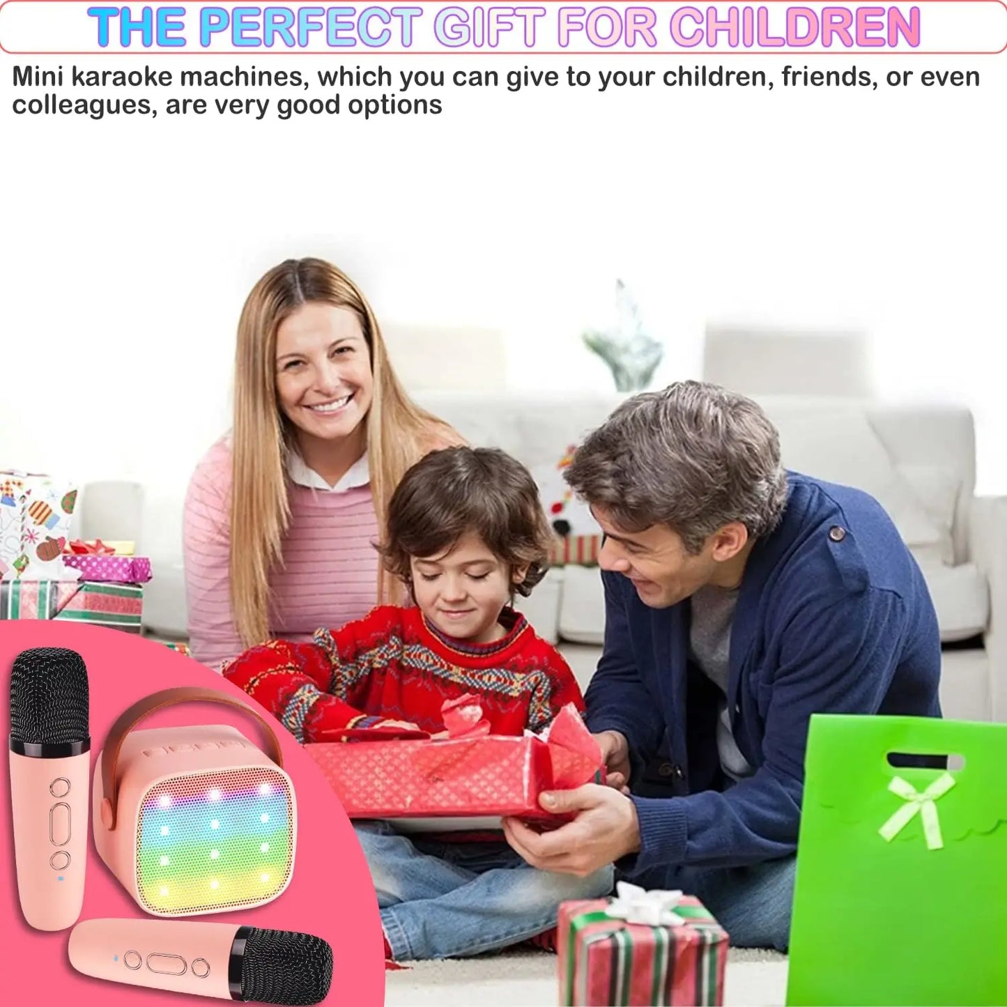 Mini Karaoke Machine for Kids Age 4-12, Bluetooth Speaker with 2 Wireless Microphone & LED Lights, Christmas Birthday Gifts