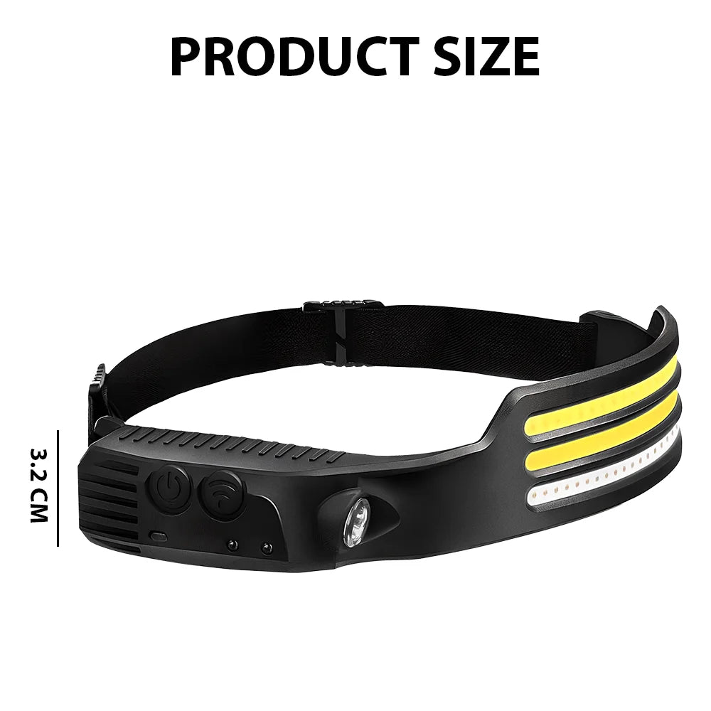 Waterproof 3COB LED Motion Sensor Head Torch Headlight USB Rechargeable Headlamp