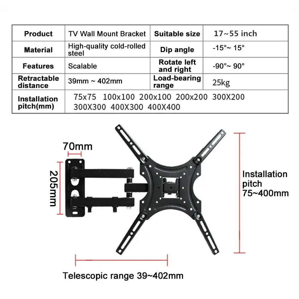 Full Motion TV Wall Mount Bracket Swivel Tilt 17 32 37 42 50 52 55 Inch LED LCD