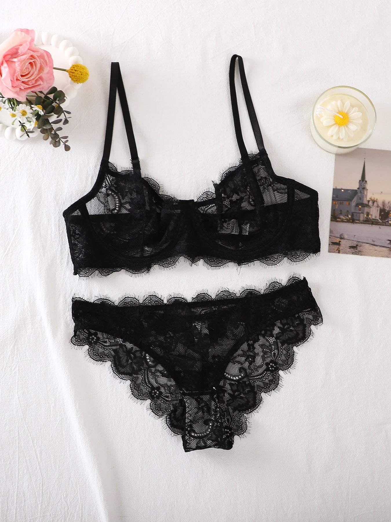 2-Piece Set - Lace Bra + Panties Set - See-Through Lace Lingerie Set - Lace Women's Lingerie Set - Sexy Lingerie Set