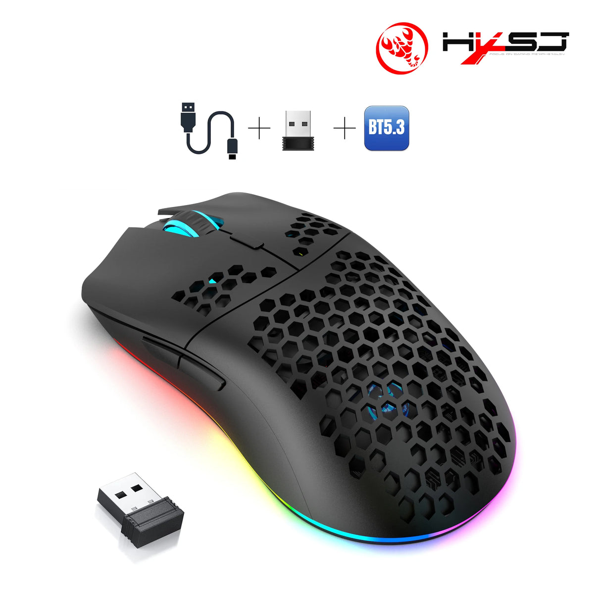HXSJ T66 3-Mode 10000DPI Gaming Wireless Mouse RGB Luminous 650mAh Rechargeable 6 Buttons Macro Programmable Mice for PC Desktop