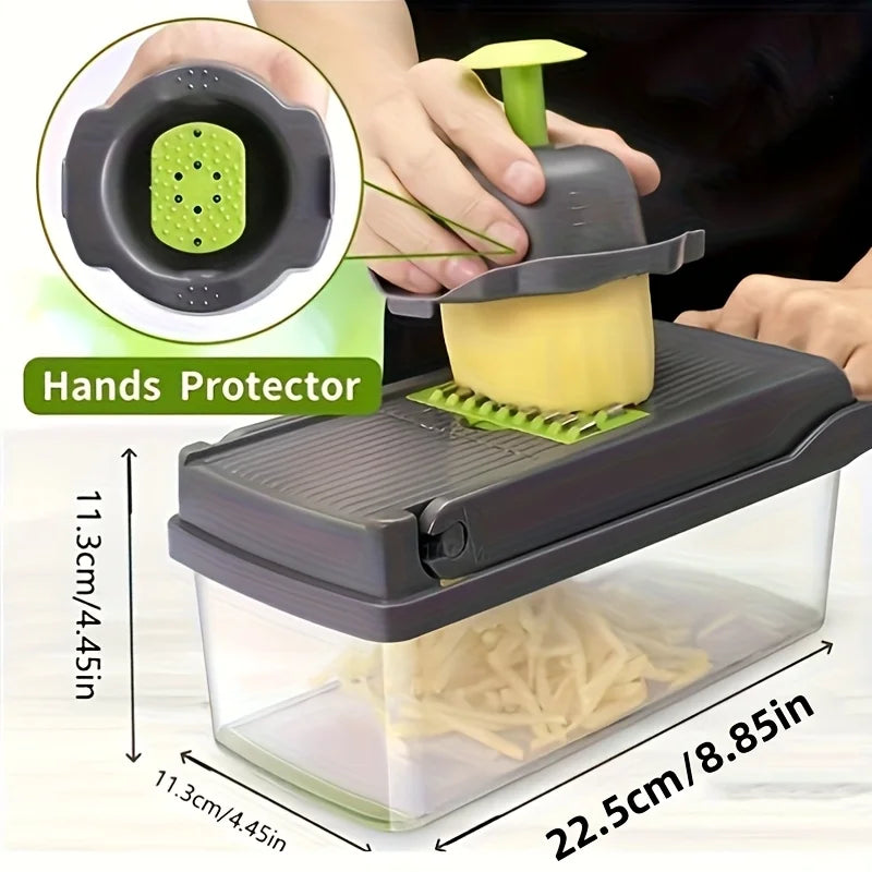 16-in-1 Vegetable Chopper - Manual Food Slicer with Container & Drain Basket for Onion, Carrot & Garlic