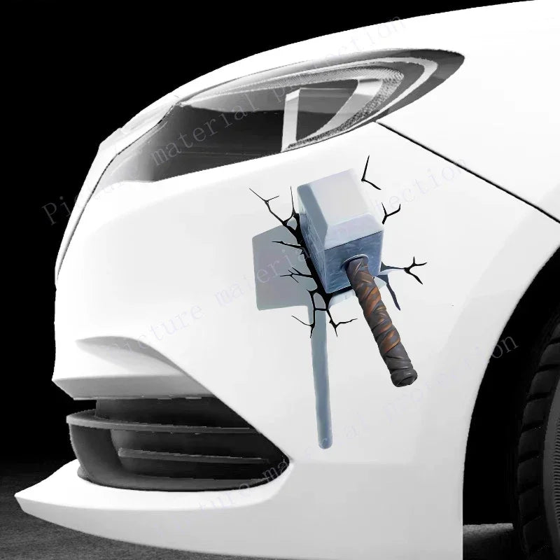 Eye-Catching 3D Crack Hammer Car Stickers for All-Terrain Vehicles Bumper Door Cover Scratches Scooter Body Waterproof Decals