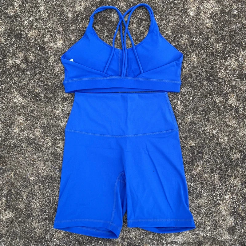 Solid Color Soft Women Gym Yoga Short Cycling Set Cross Back Gym Bra+High Waist Short Leggings High impact shockproof Sportwear