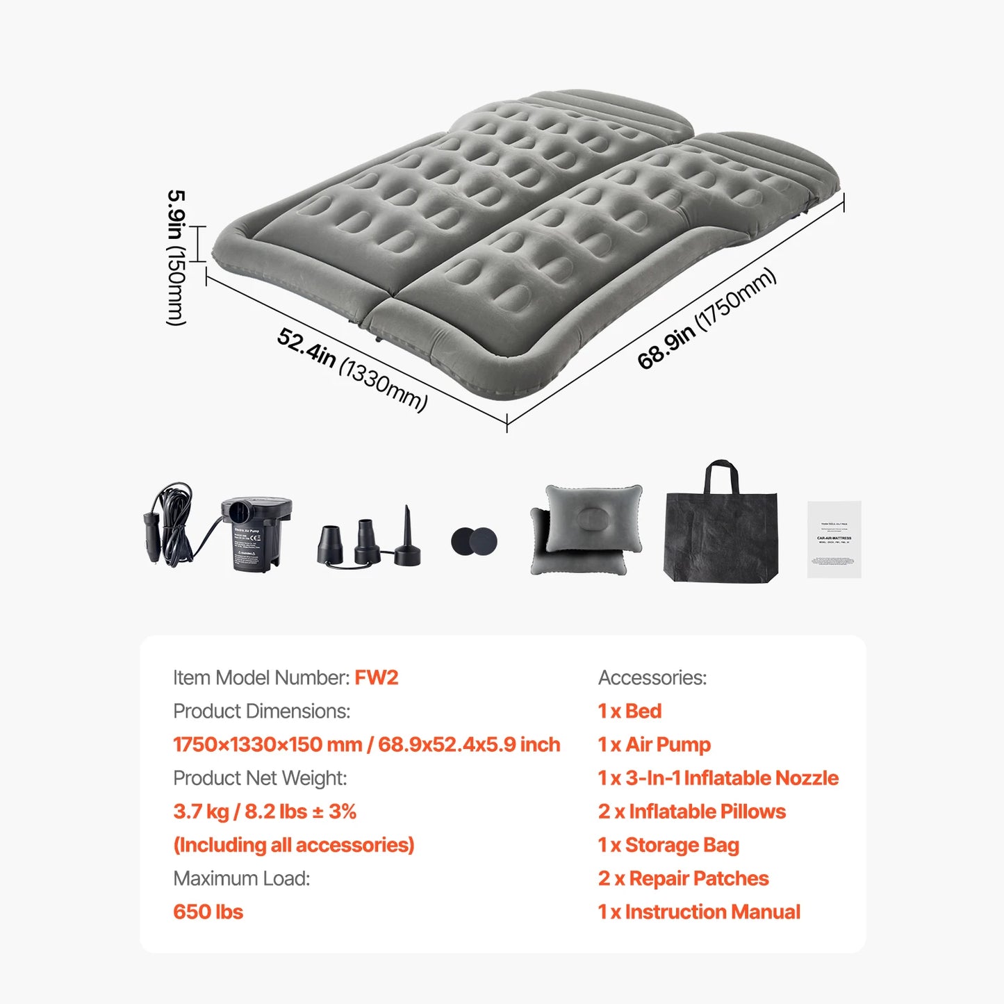 SucceBuy Car Air Mattress, Inflatable Car Camping Mattress, Flocking Thickened Travel Beds with Air Pump Fits Most MPV Sedan SUV