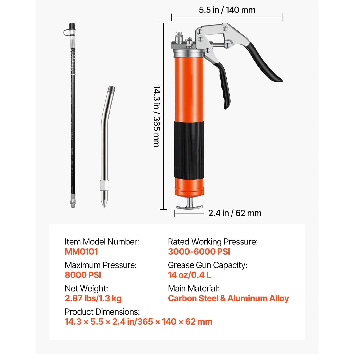 SucceBuy 8000 PSI Grease Gun High Pressure Pistol Grip Grease Gun Kit with 18in Flex Hose & Extension Rigid Pipe for Automotive