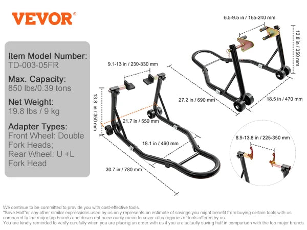 SucceBuy Motorcycle Stand Lift 850lbs Front Rear Combo Stand Lift Stand Front and Wheel Fork Stand Heavy Duty Rear Wheel Stand