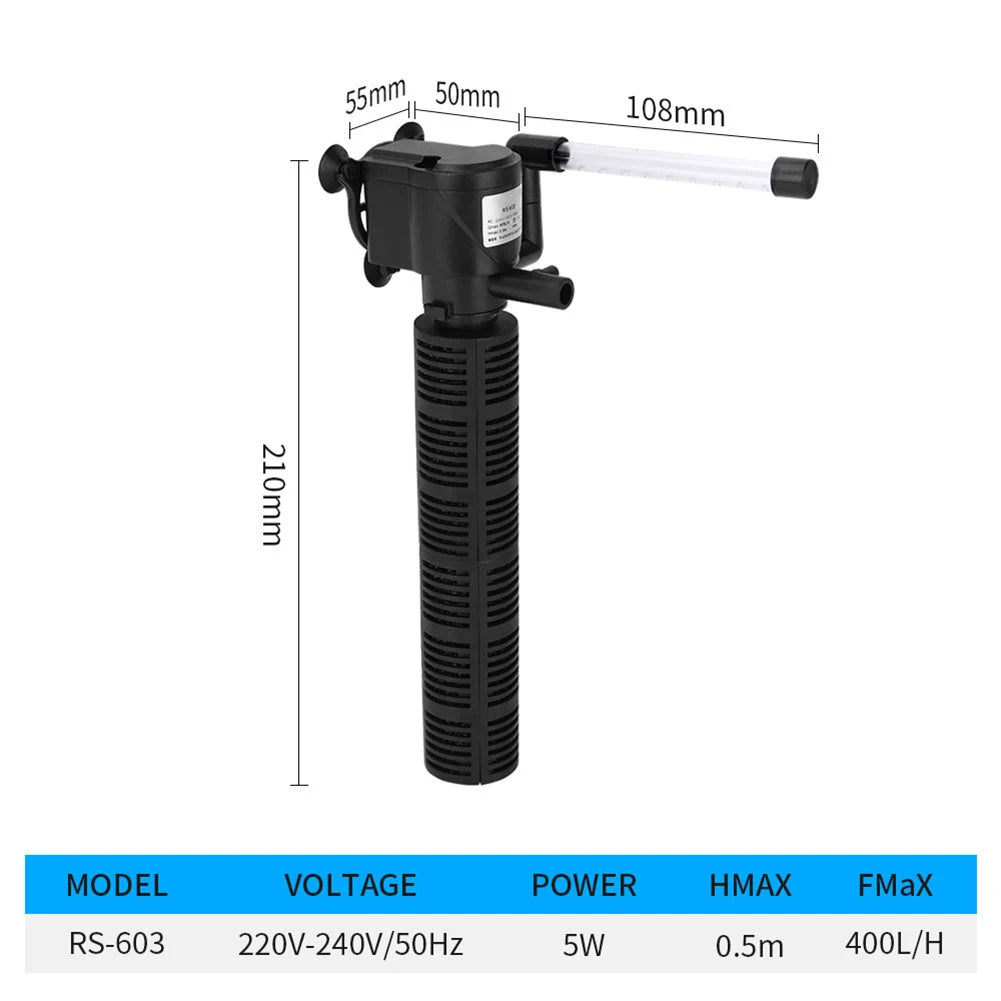 3 in 1 Aquarium Internal Filter Silent Mini Aquarium Filter Waterproof Fish Tank Pump Submersible Water Purifier for Fish Tank