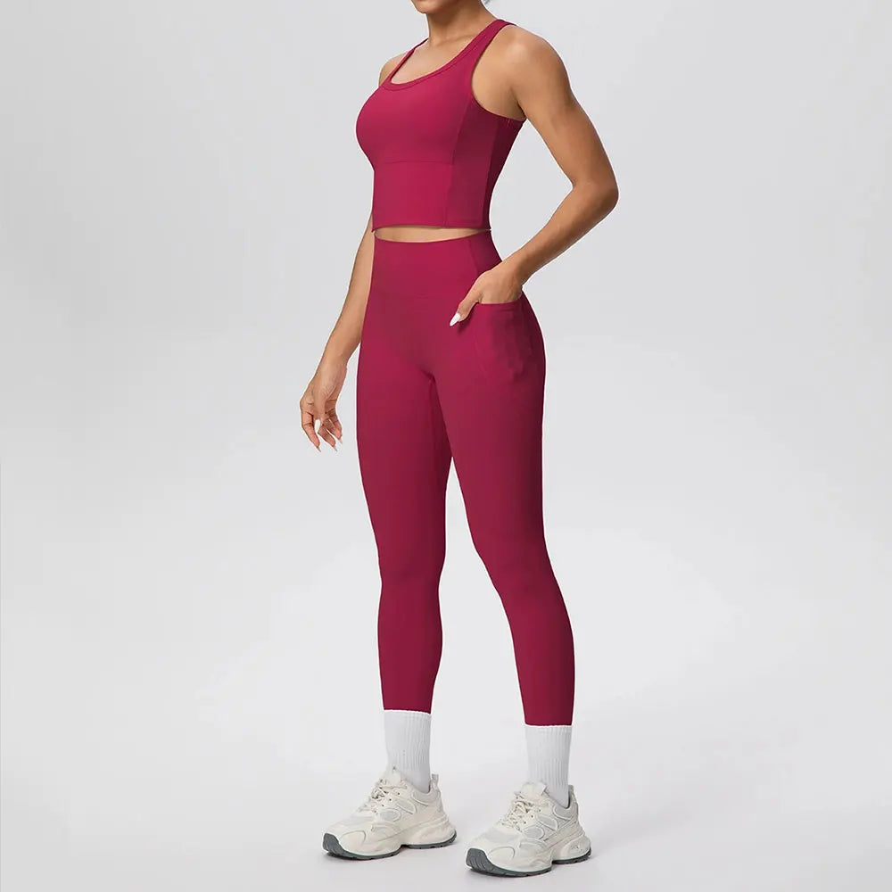 2PCS Yoga Suit Sports Set Women's Push Up Tracksuits Fitness Sports Bra Running Leggings With Pockets Workout Clothes Sportswear