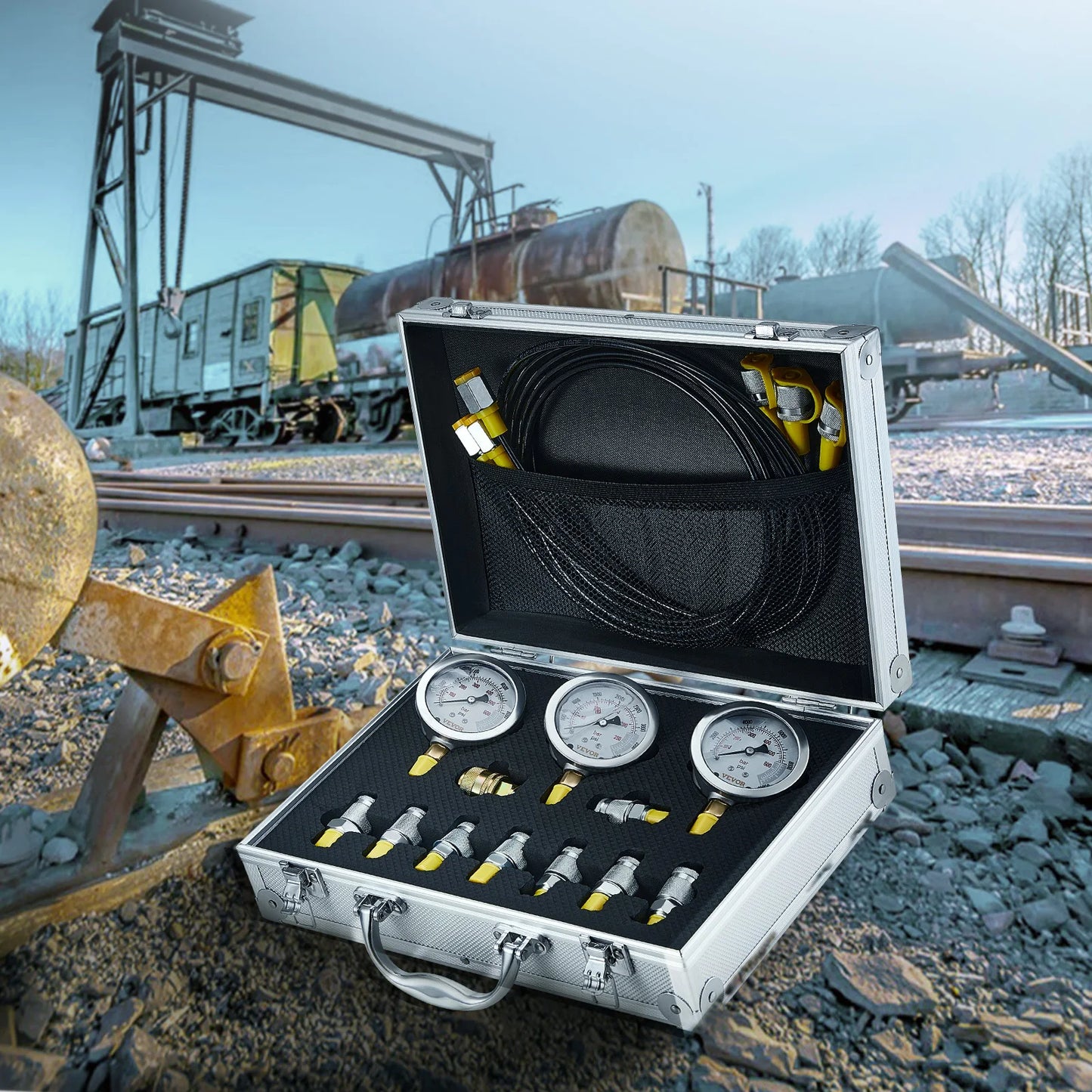 SucceBuy Hydraulic Pressure Test Kit Excavator Hydraulic Test Gauge Set with Carrying Case for Excavator Tractors Machinery