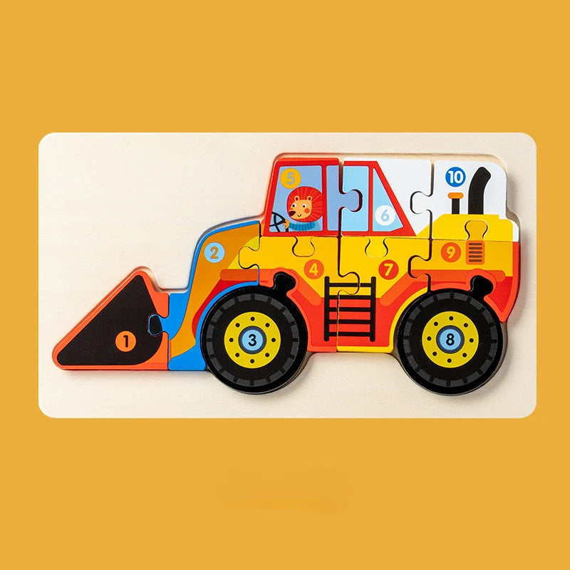 Children Montessori Wooden Puzzle Baby 3D Engineering Vehicle Jigsaw Early Education Matching Cognitive Puzzles Toys for Kids