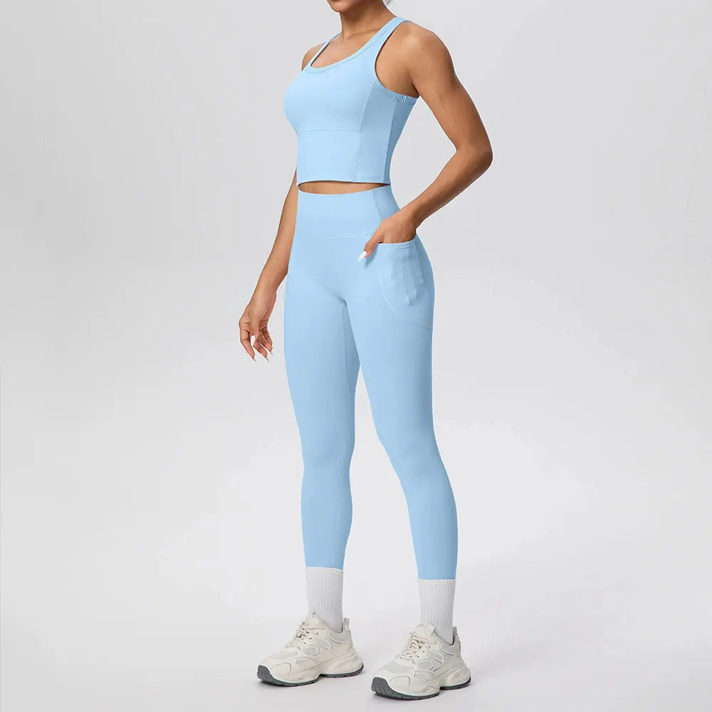 2PCS Yoga Suit Sports Set Women's Push Up Tracksuits Fitness Sports Bra Running Leggings With Pockets Workout Clothes Sportswear