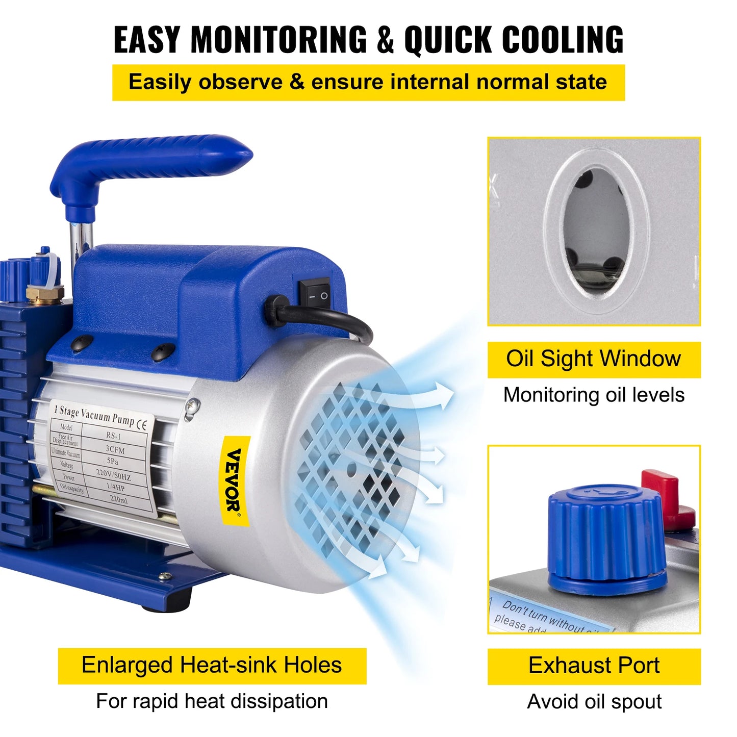 VEVOR 3CFM 84 L/M 1-Stage Refrigerant Vacuum Pump Refrigeration Gauges A/C Air Conditioning 1440 RPM 1/4 HP 3 pcs hoses 800 PSI