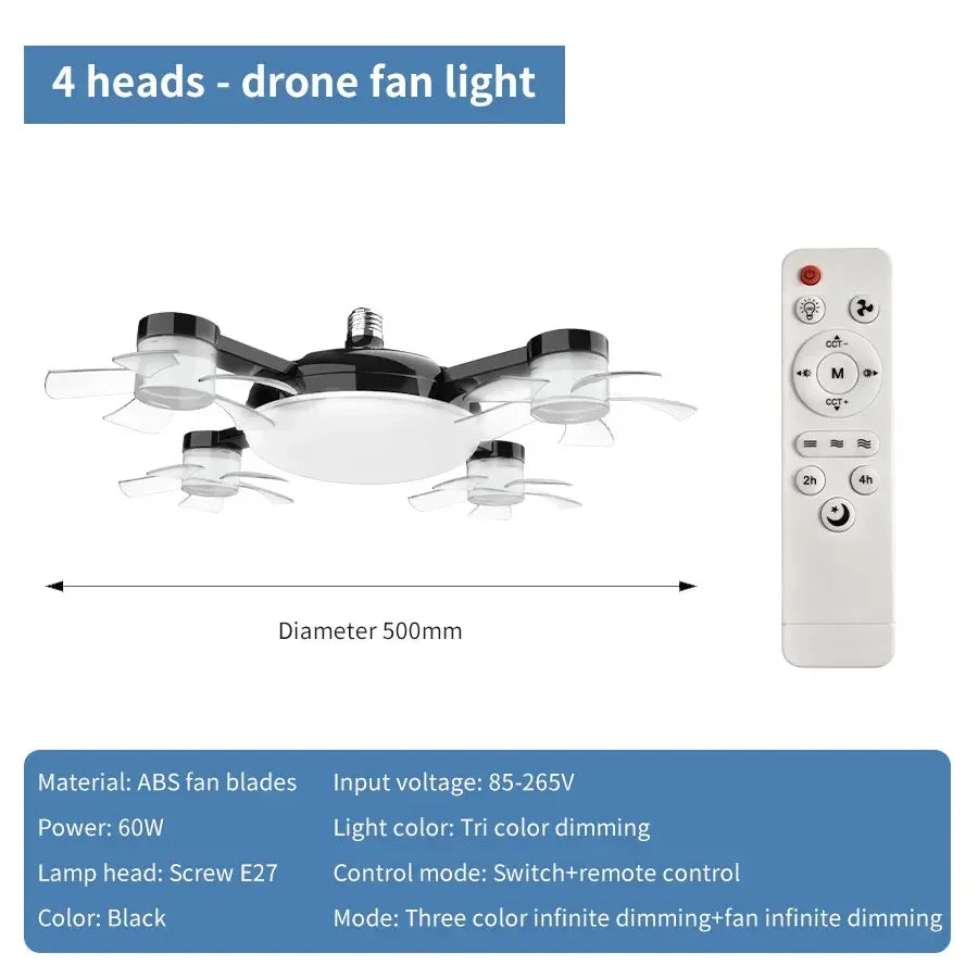 E27 Fan Light 2-in-1 60W Drone Design Ceiling Fan Light with Remote Control AC85-265V Fan Lighting Bulb for Home Restaurant