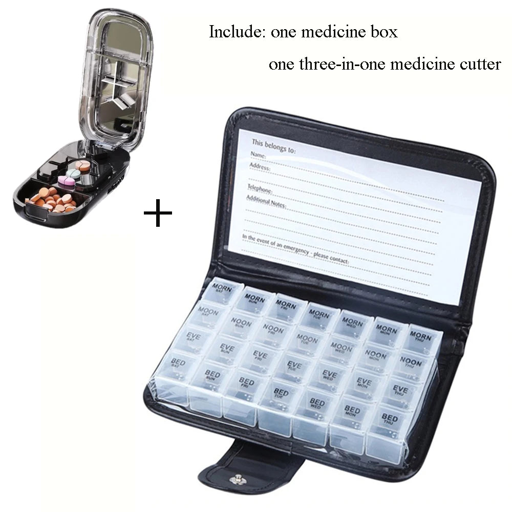 7day Pill Box 28 Compartments Multi-Coloured Weekly Case with PU Wallet for Vitamins Fish Oils Tablet Medicine Storage Organizer