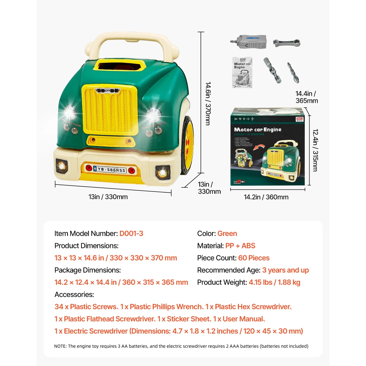 SucceBuy 60 Pcs Kids Mechanic Car Repair Set with Removable Parts & Horn Workshop Set Engine Toy for Toddler Children Gifts