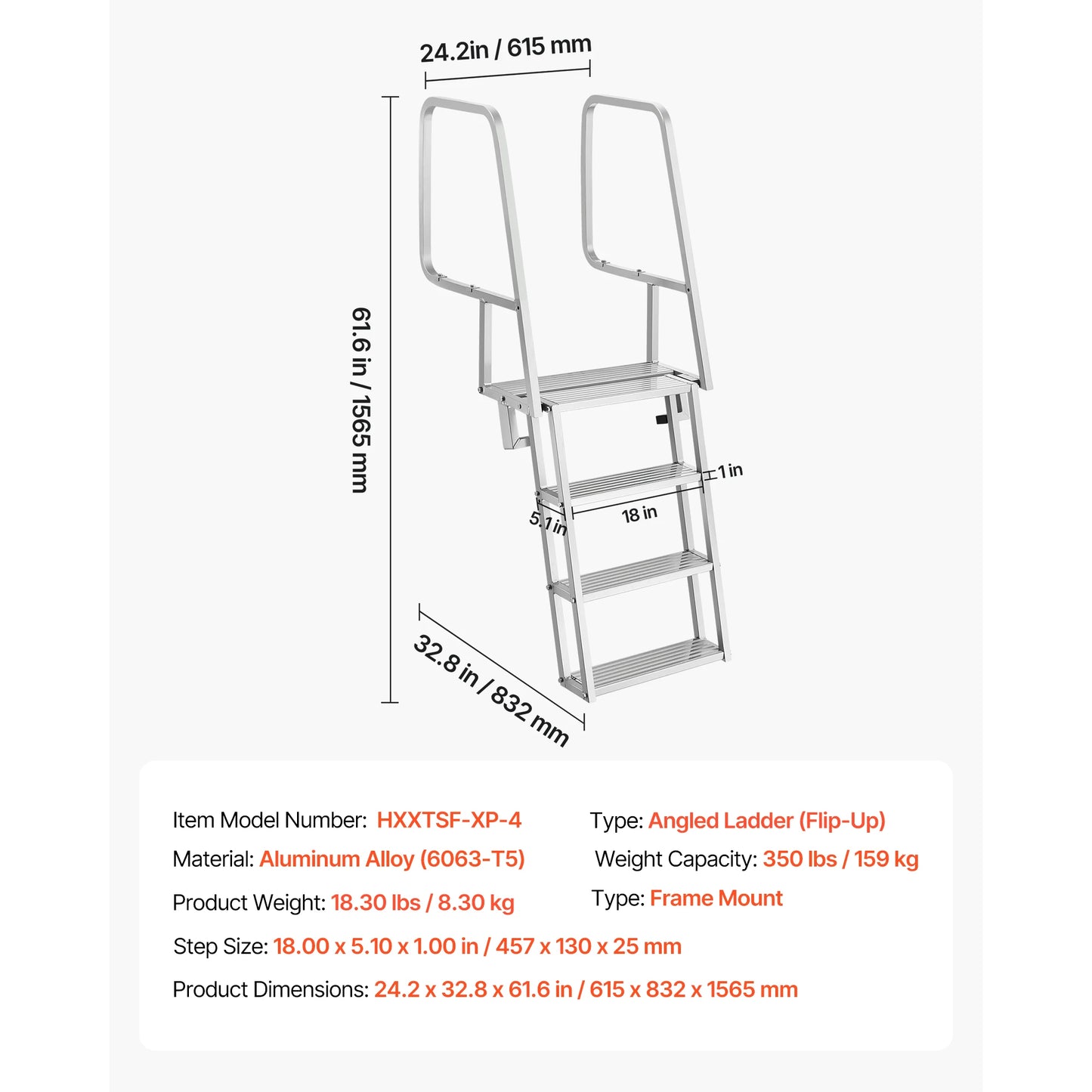 SucceBuy 4/5/6-Step Flip-Up Dock Ladder 350 lbs Aluminum Alloy Pontoon Boat Swim Ladder with Non-Slip Steps for Marine Boarding