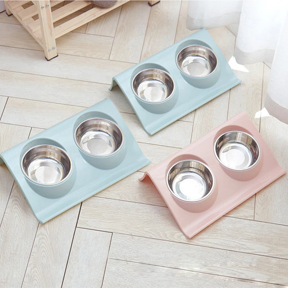 NEW Stainless Steel Double Pet Bowl Twin Dog Food Feeder Station Dish Water Cat