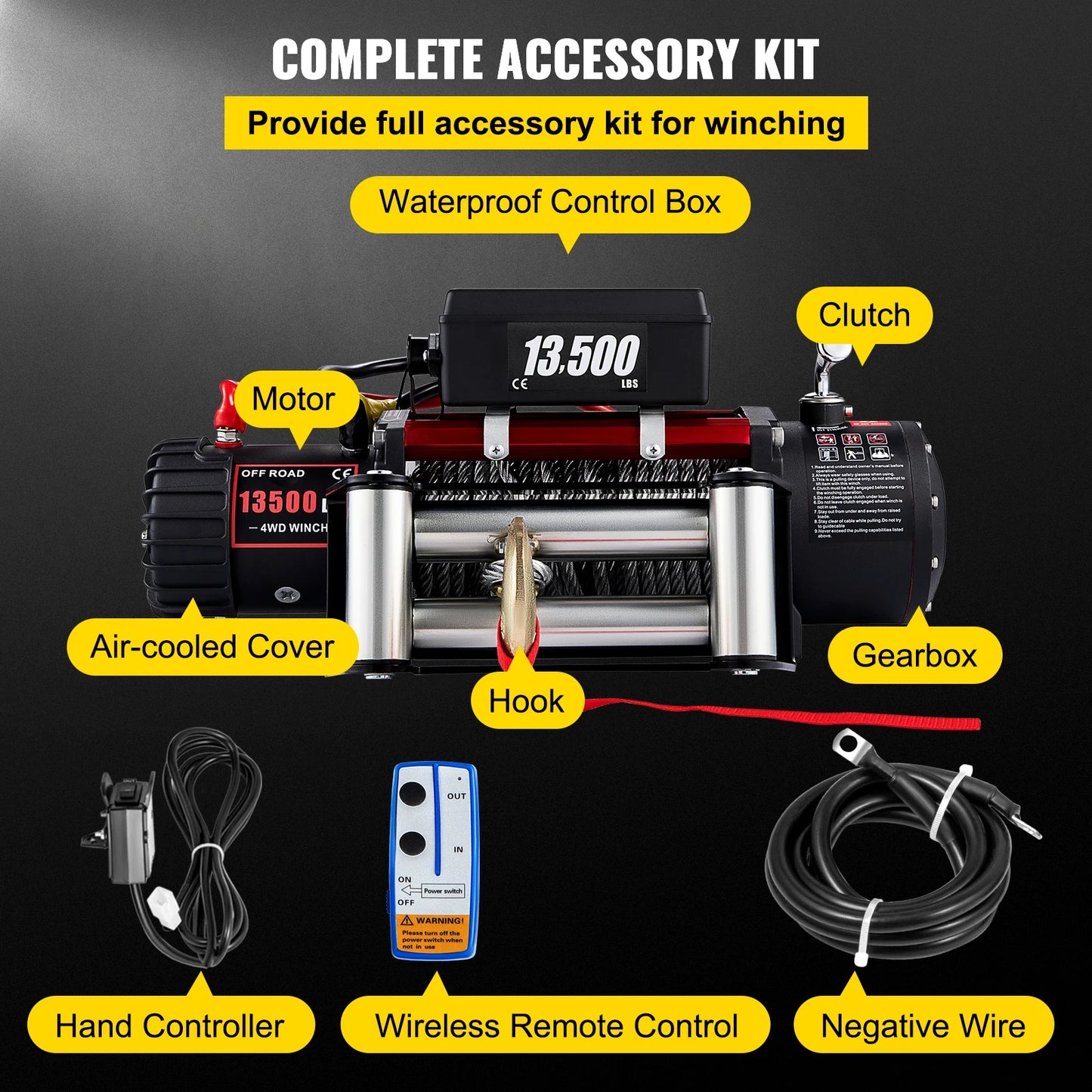 VEVOR 13500LBS 12V Electric Winch for 4X4 92FT Steel Cable Car Trailer Ropes Towing Strap W/ Wireless Control ATV Truck Off Road