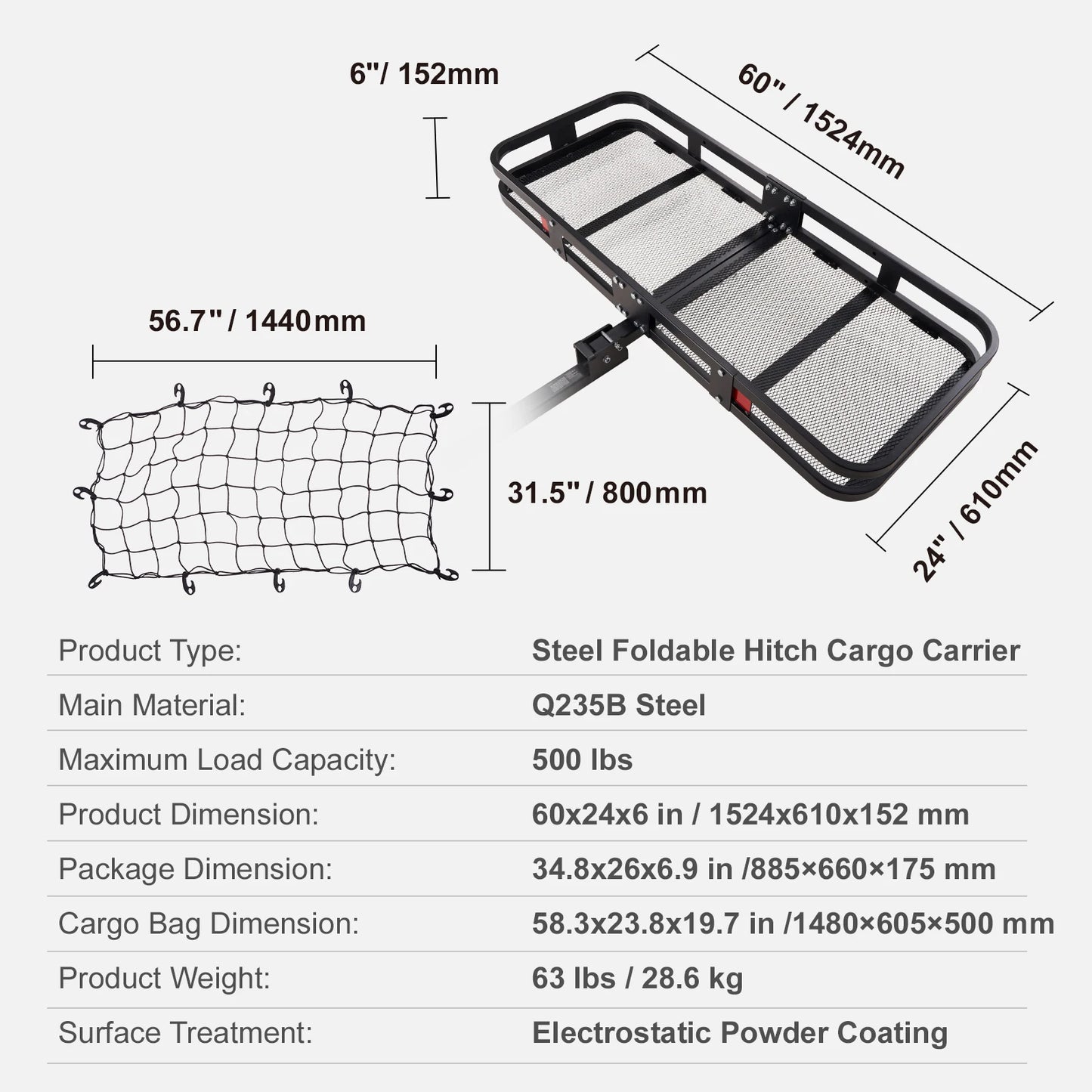 SucceBuy Hitch Cargo Carrier 60 x 24 x 14 in Folding Trailer Hitch Mounted Steel Cargo Basket 400lbs Loading Capacity Luggage
