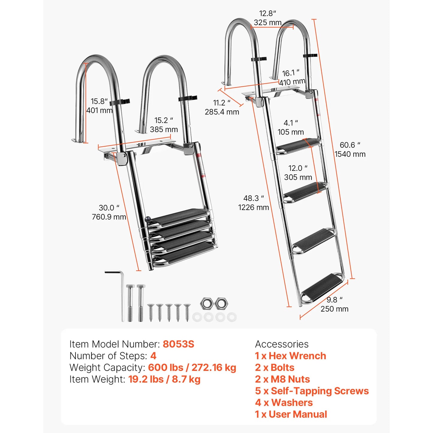 SucceBuy 3/4 Steps 600lbs Telescoping Boat Ladder Stainless Steel Folding Swim Deck Ladder with Handrails for Yacht Pontoon Boat