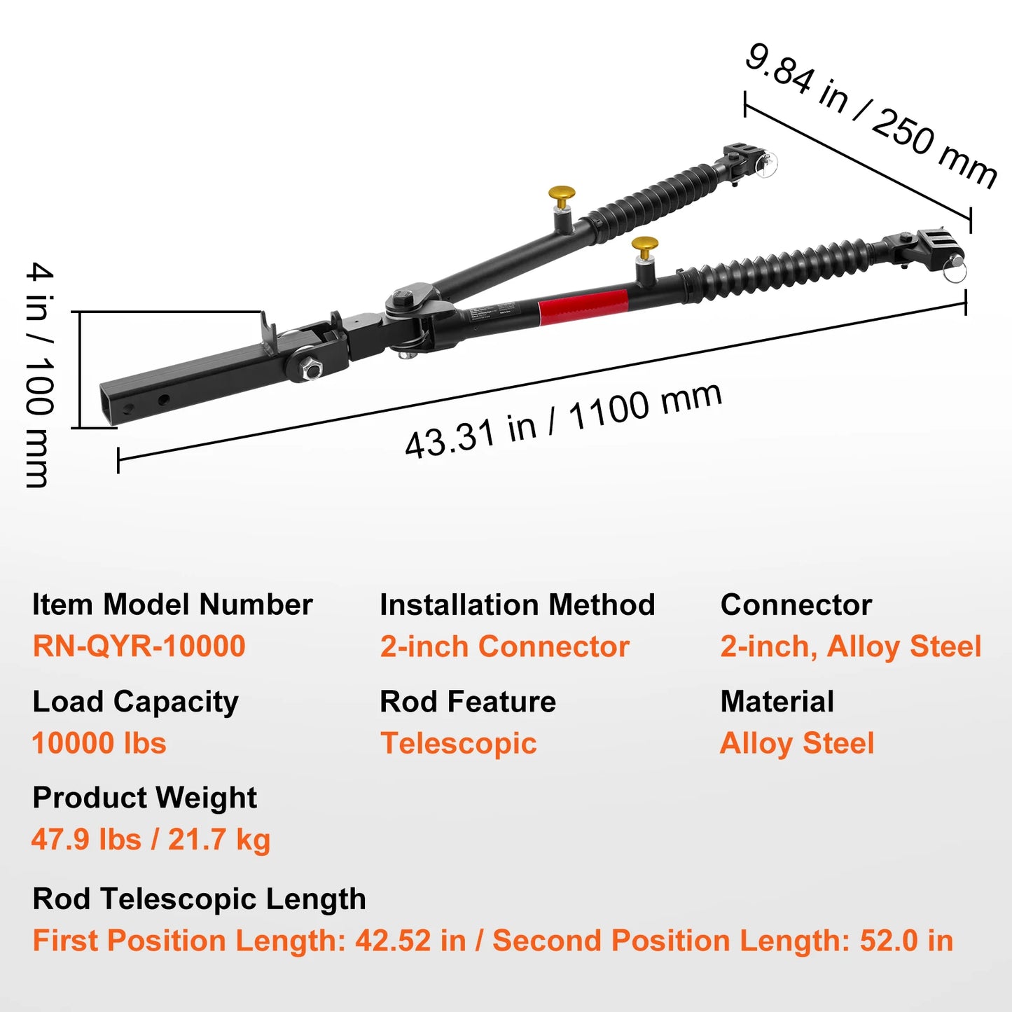 SucceBuy7500/10000Lbs Tow Bar with Ropes Max 52 in Telescopic Rod Fits 2-inch Connector Towing Bar for RV Car Trailer Truck