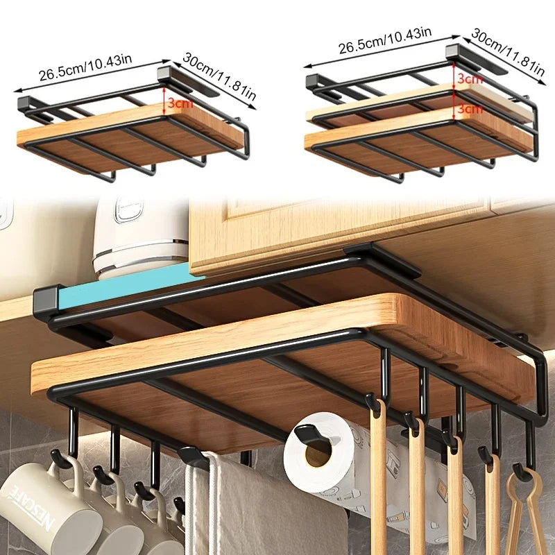 Kitchen Hanging Organizer Rack with Hooks Under Cupboard Paper Towel Rags Hanger Cutting Board Pot Cover Holder Storage 2029