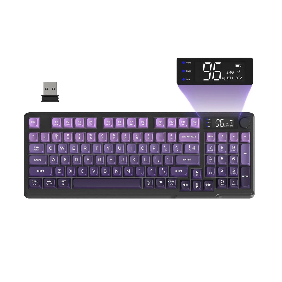 Freewolf M96 Wireless Gaming Keyboard, Knob Control BT/2.4g, RGB LED Backlight Display, Pbt Keycap, 3000mah Battery, Us Layout