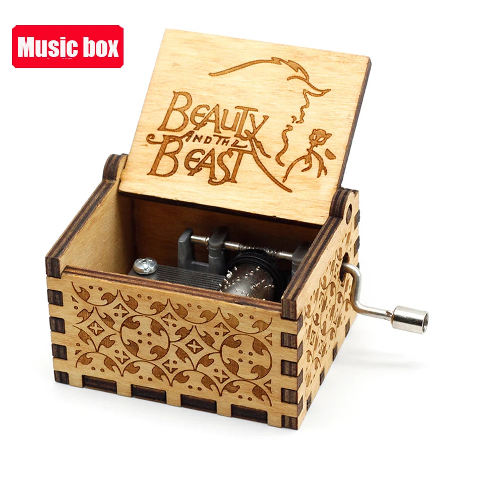 Hot *Antique carved Wooden Hand Crank Beauty and the Beast Music Box Christmas Birthday Gift