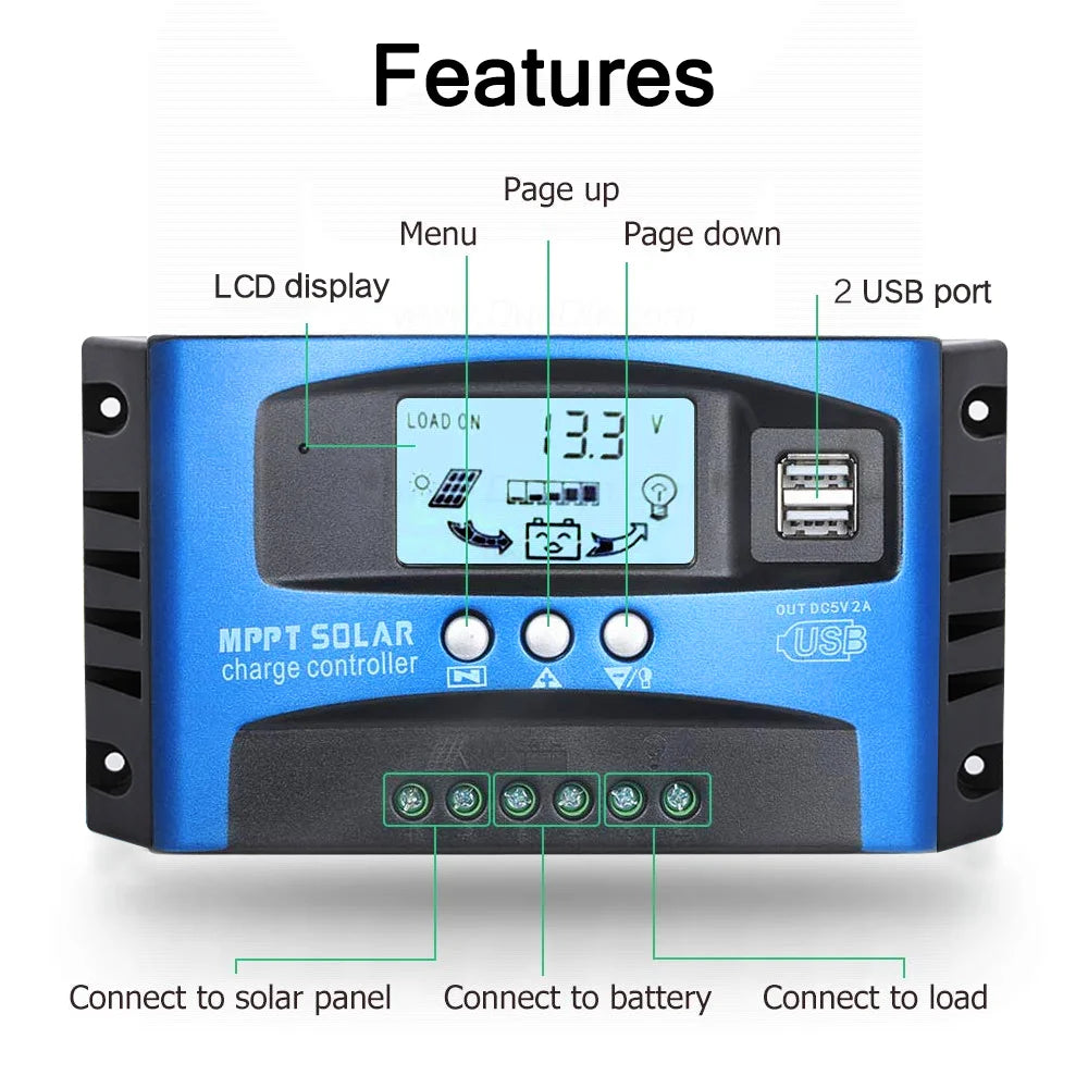 MPPT Solar Charge Controller 12V/24V Auto Focus Tracking Solar Panel Regulator with LCD Display Dual USB Port Charge Controller