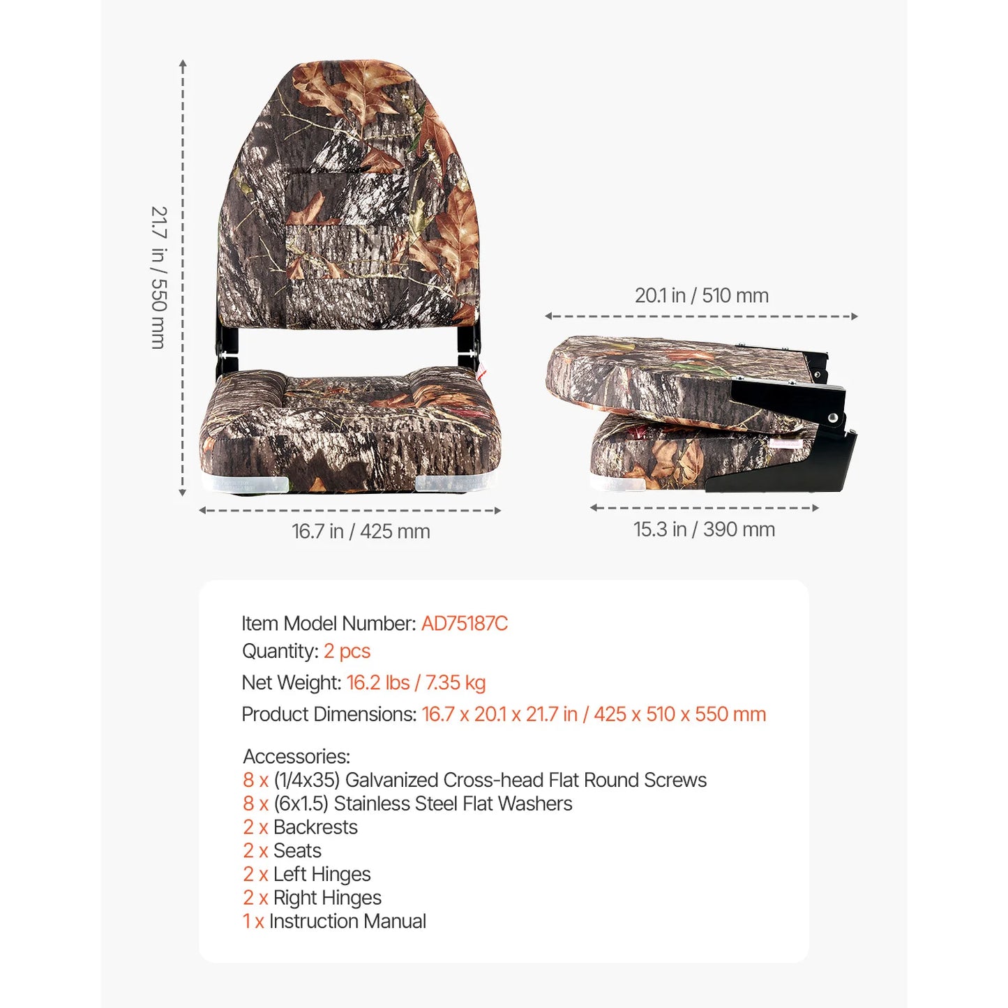 SucceBuy Boat Seat High Backrest Folding Fishing Boat Seat with Aluminum Alloy Hinges Flip Up Boat Seat for Boats, Yachts, Ships