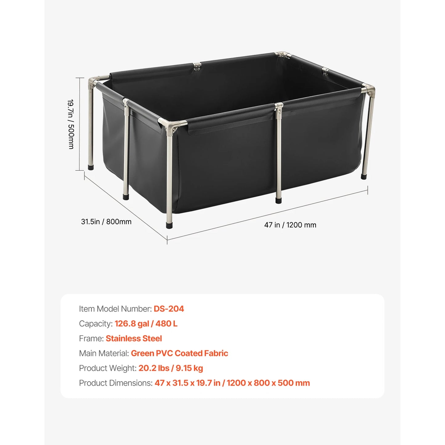 SucceBuy 126.8/270/470 Gal Canvas Fish Pond Rectangular Goldfish Tank with Stainless Steel Frame & Drain Valve for Breeding Koi