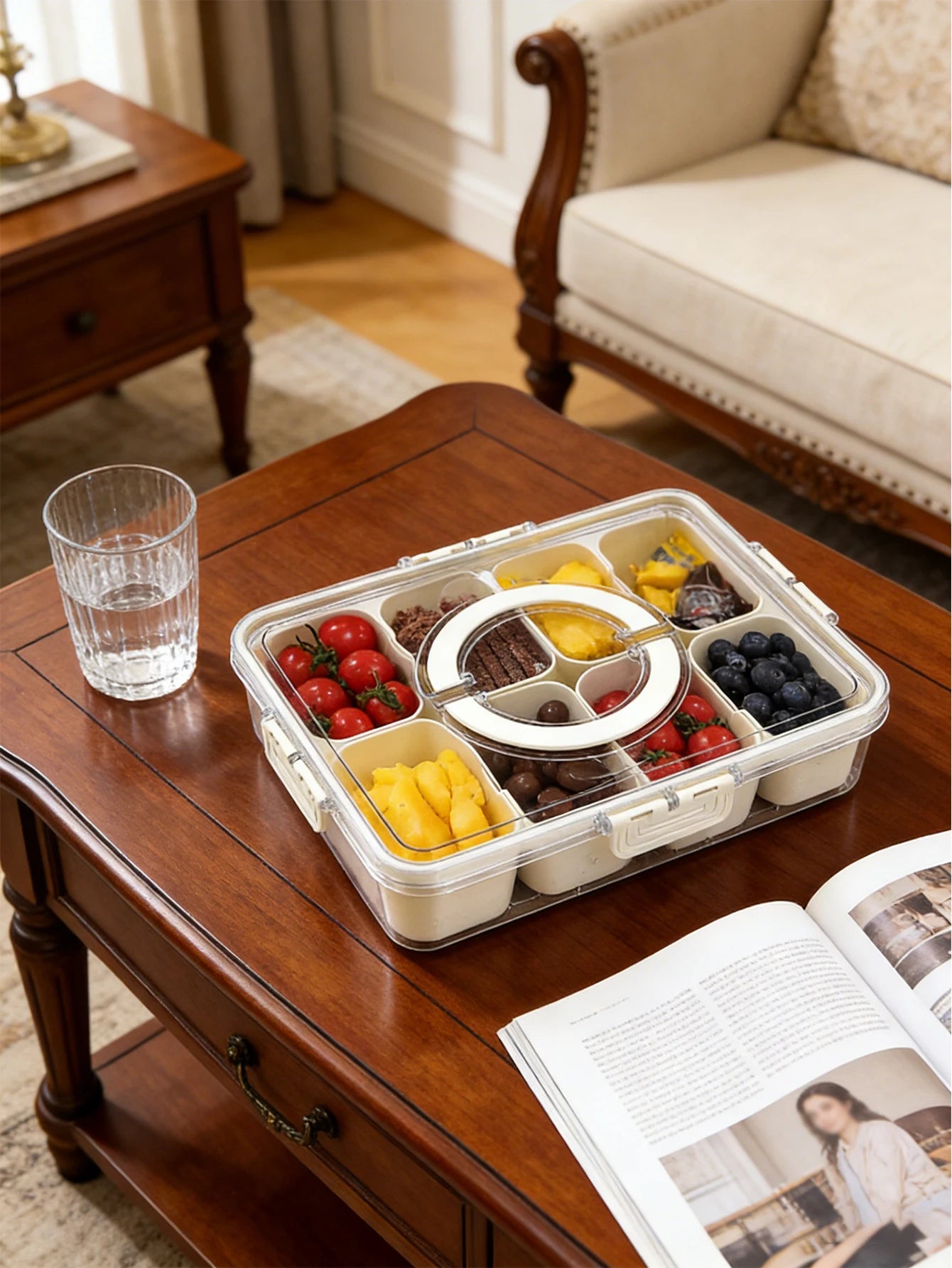1 storage container, 8-compartment lidded food storage box, portable food storage container, kitchen organization and storage