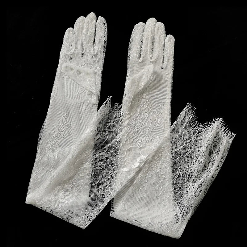 55cm Women Sexy Thin Lace Flower White Black Long Gloves Transparent Mesh Eyelash Tulle Bridal Wedding Party Dress Accessories