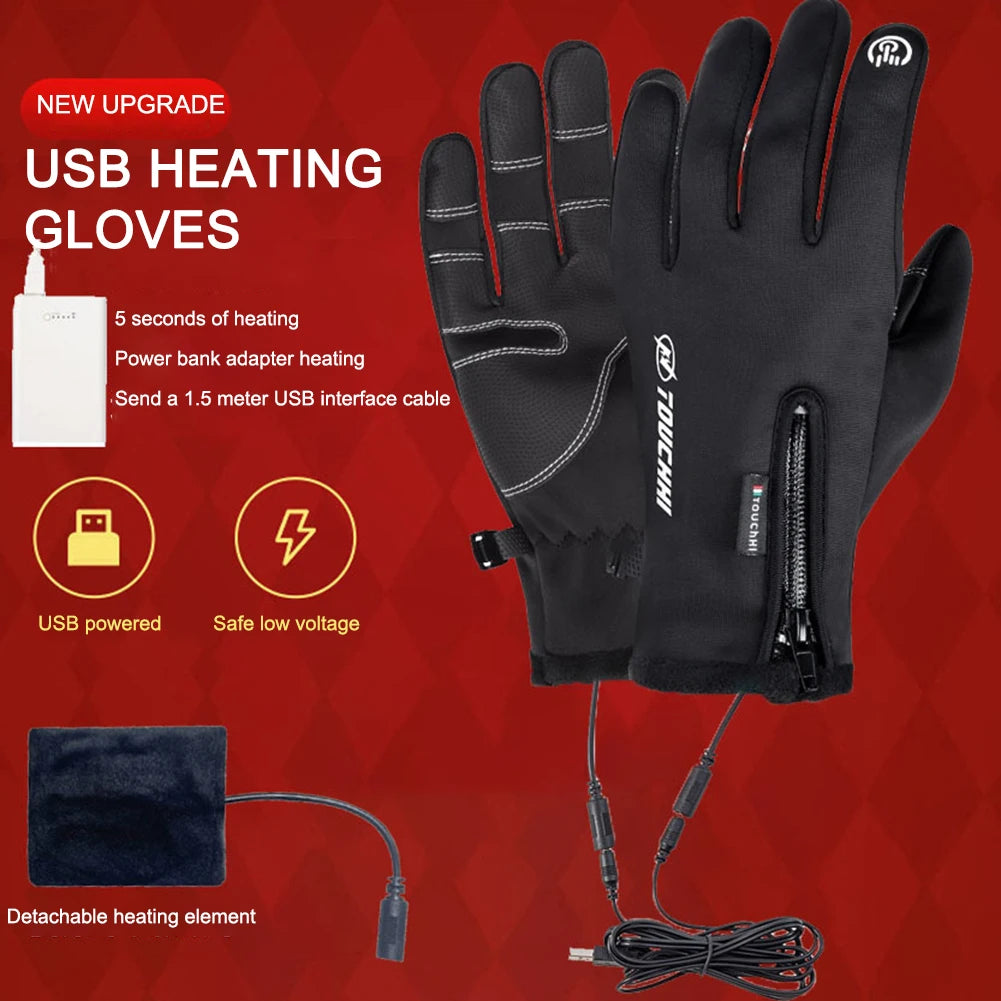 USB Touch Screen Gloves Heated Motorcycle Gloves Winter Ski Gloves for Cycling Running Driving Hiking Walking (NO Battery)