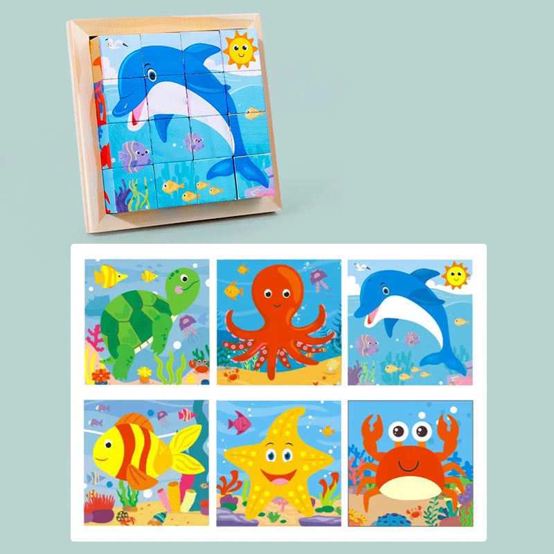 kindergarten Educational toy CRAFTS Cartoon Six Sided Wooden Puzzle Blocks Set Animal Matching Blocks Early education