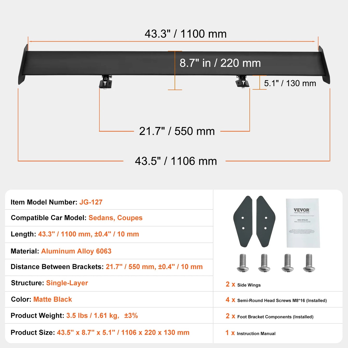 SucceBuy GT Wing Car Spoiler 43.3 inch Universal Spoiler with Single Deck Adjustable Lightweight Aluminum Car Rear Spoiler Wing