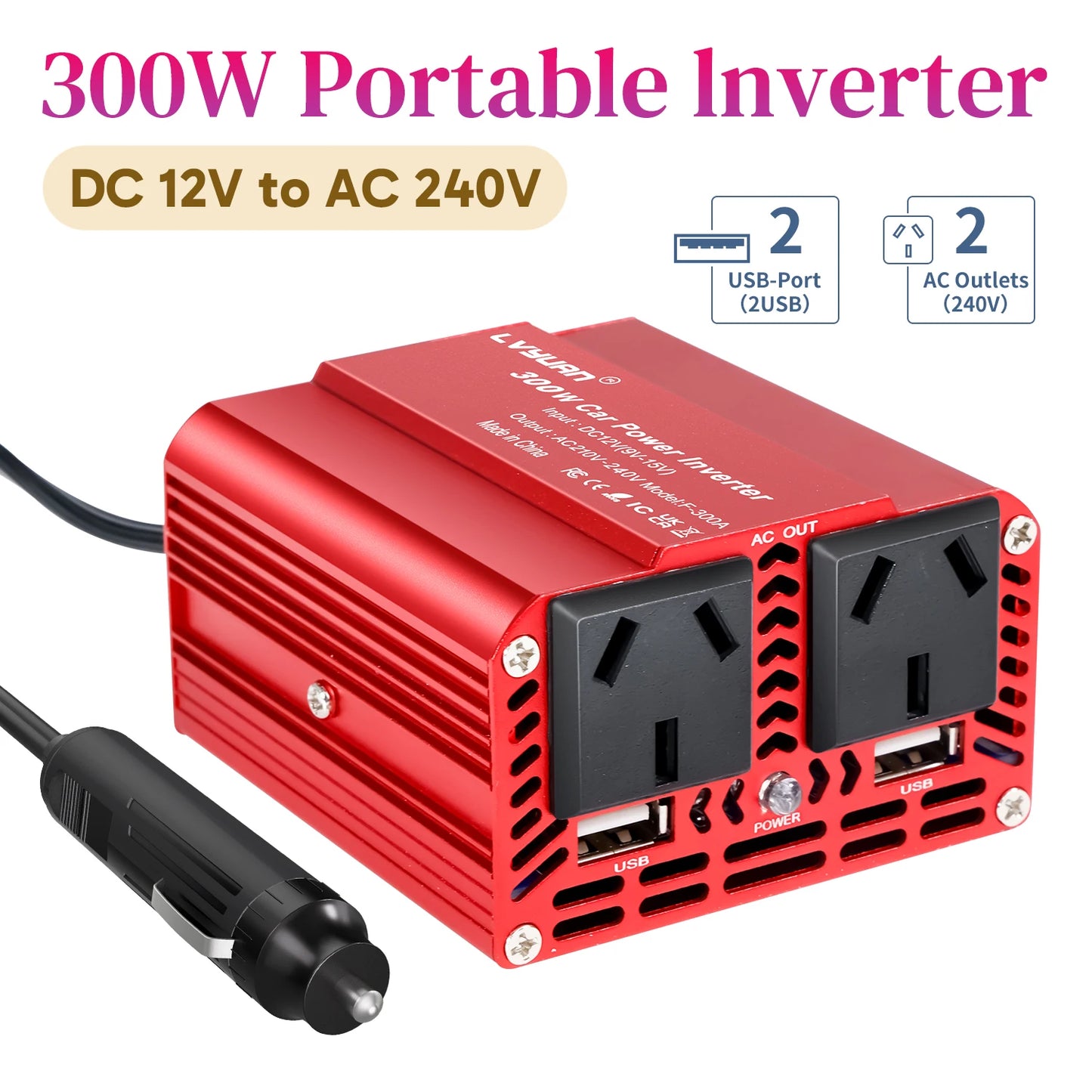 Car Inverter 300W 200W Portable 12V 220V 240V converter For Car Cigarette Lighters Fast Charging USB Output for Phone/PC/Camera