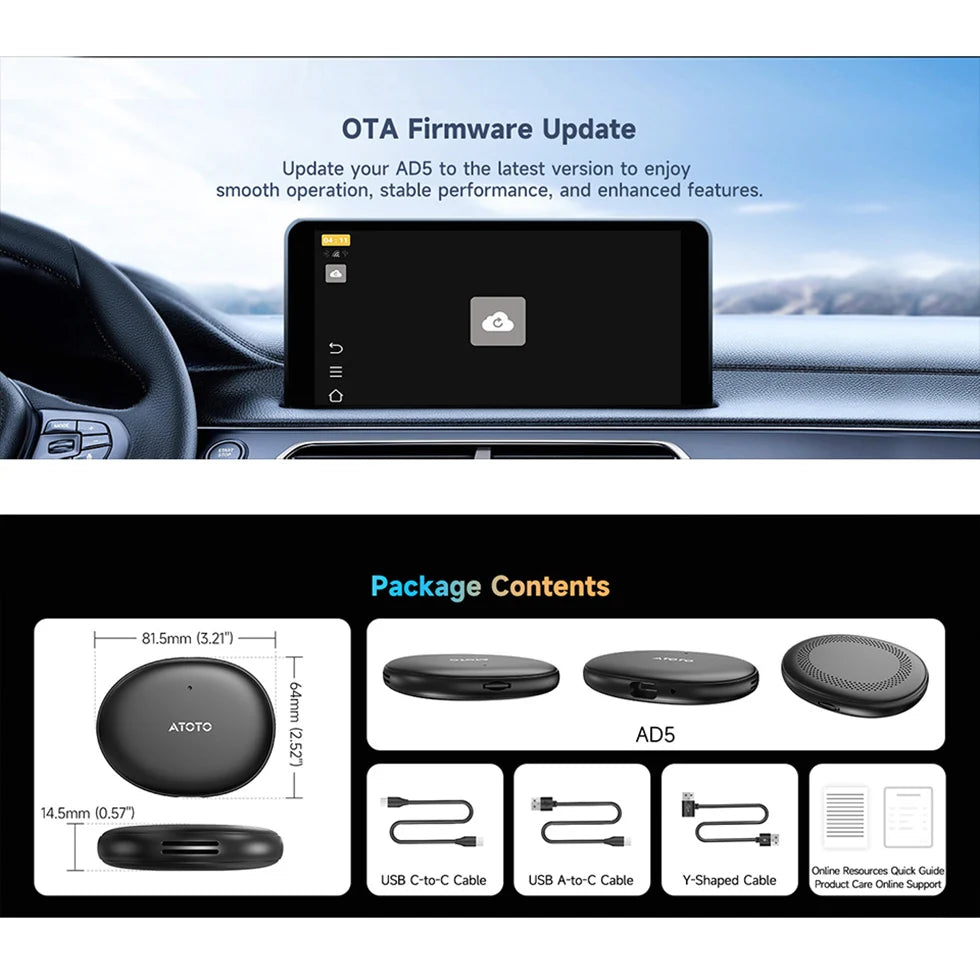 ATOTO Smart Car Android Auto Wireless Carplay Adapter Automotive AI TV Video Box Car Ring Kit Bluetooth Radio Stereo Play AD5