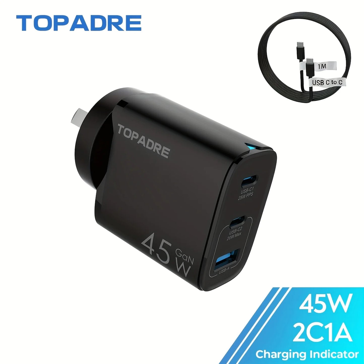 TOPADRE 45W GaN Charger 3ports PD 3.0 USB C Phone Charger For iPhone 17 16 15 Pro Samsung S25 Xiaomi Tablet iPad Air