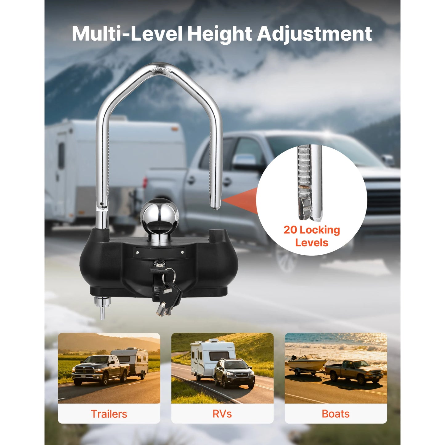 SucceBuy Trailer Hitch Lock Anti-Theft Adjustable Height Trailer Ball Lock Fits 1-7/8 in 2 in 2-5/16 in Couplers for RVs Boats