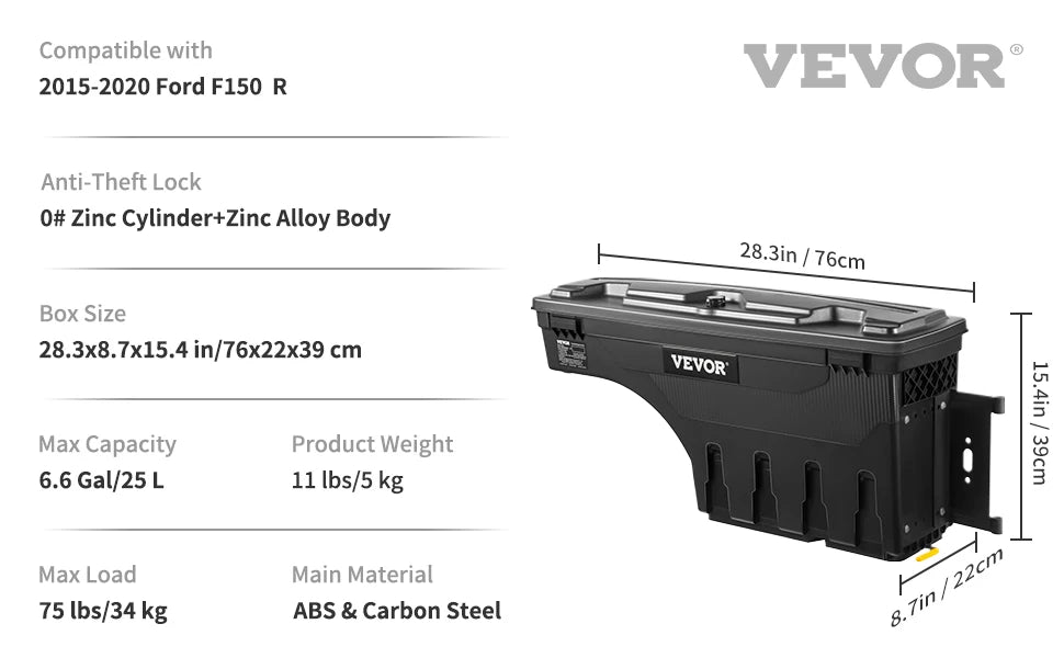 SucceBuy Truck Bed Storage Box Passenger Side Lockable Lid Waterproof ABS Wheel Well with Password Padlock Tool Box for Trucks