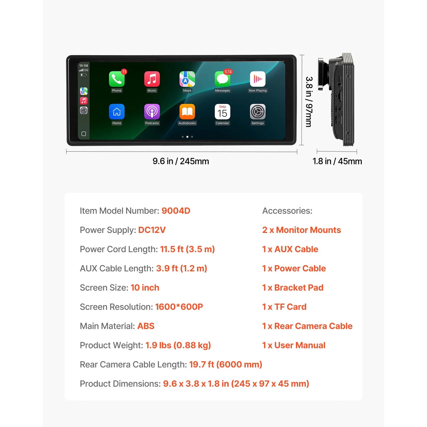 SucceBuy Wireless Car Stereo 10In HD Portable Radio Touch CarPlay Screen with Voice Control Mirror Link Bluetooth GPS Navigation