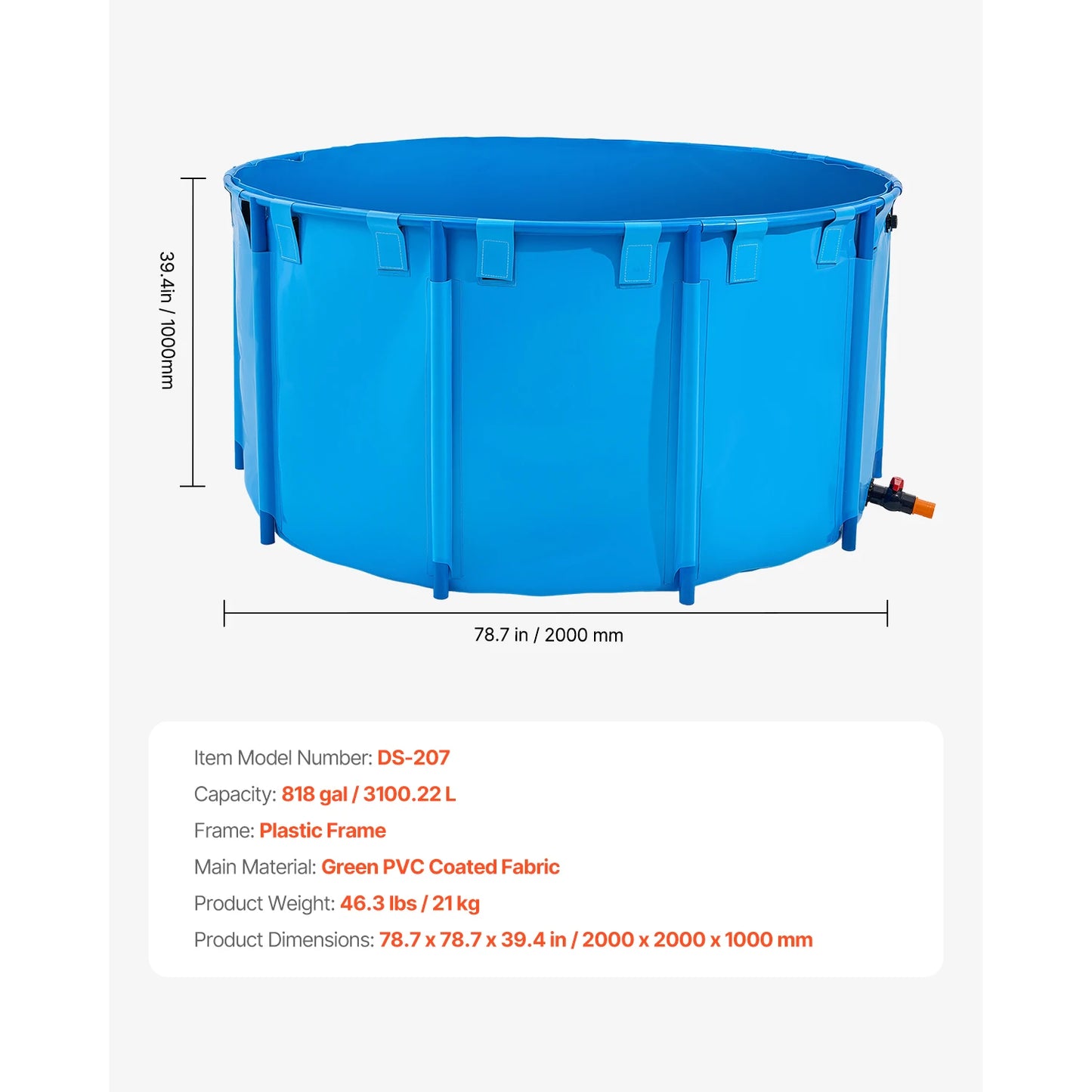 SucceBuy Canvas Fish Pond 448.8Gal Above Ground Fish Pond, Foldable PVC Koi Tank with Frame and Drain Valve for Aquaculture Blue